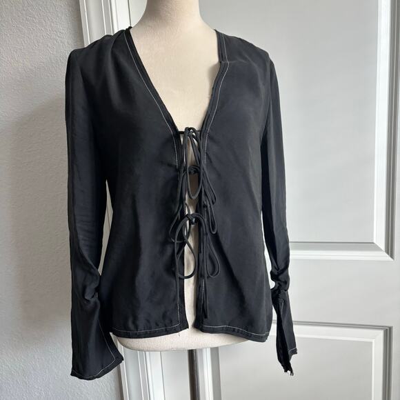 Zara Black Tie-Front Blouse Top Contrast White Stitching Bell Sleeve Y2K Small - Picture 2 of 12